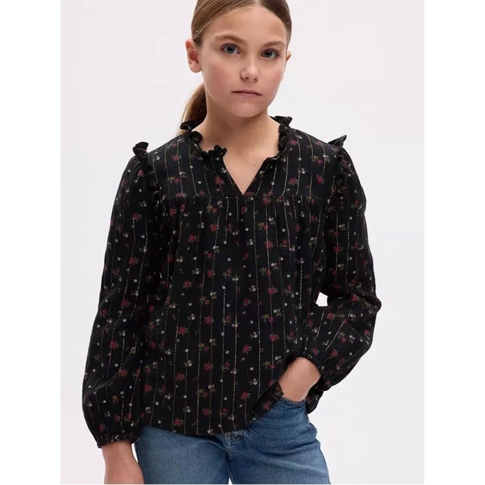 Gap Kids blouse stripes Girls' Black Floral Ruffle-Yoke Long Sleeve Top New M